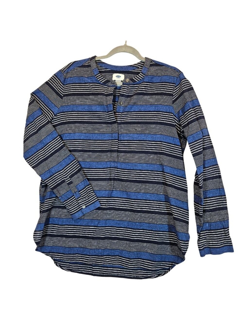 Old Navy Tunic shirt Linen Mens L stripes Blue Black button hipster bohemian